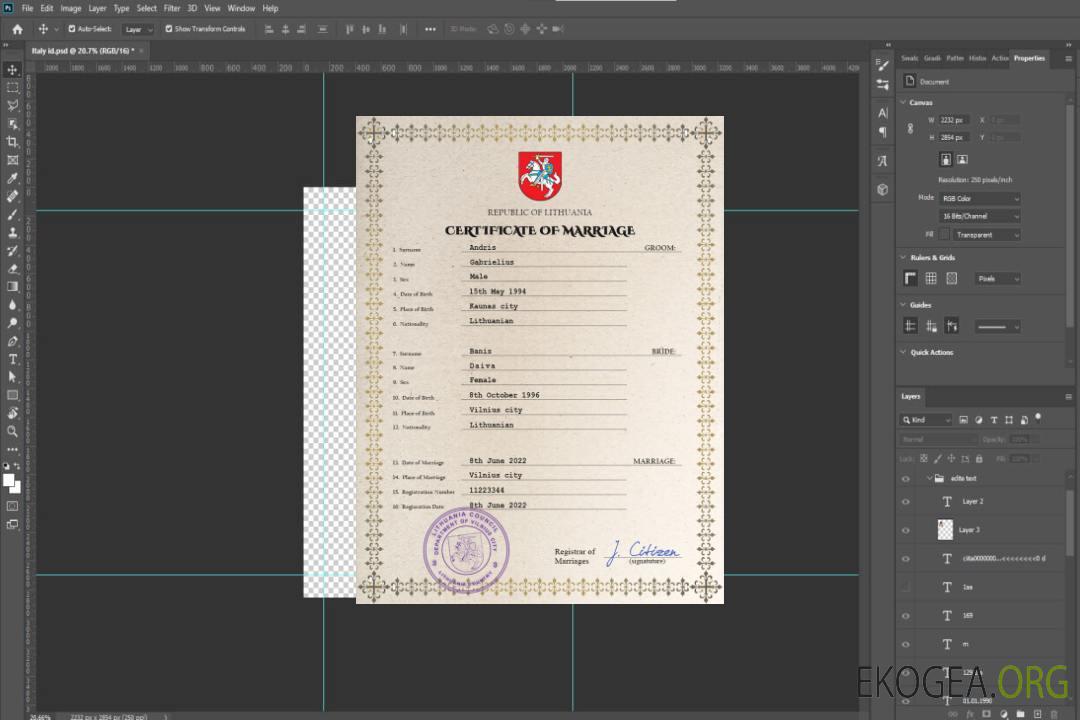 Modèle PSD de certificat de mariage de Lituanie template